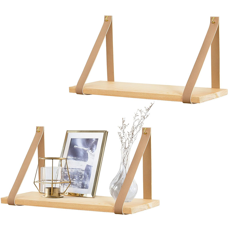 Hanging Shelf Wall Wood Floating Storage Shelves Leather Strap Swing Organizer
