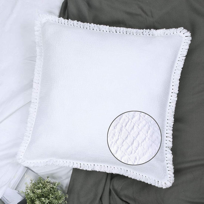 White Euro Sham 26X26 Set Of 2 Quilted Textured Matelasse Tassel Fringe Boho E