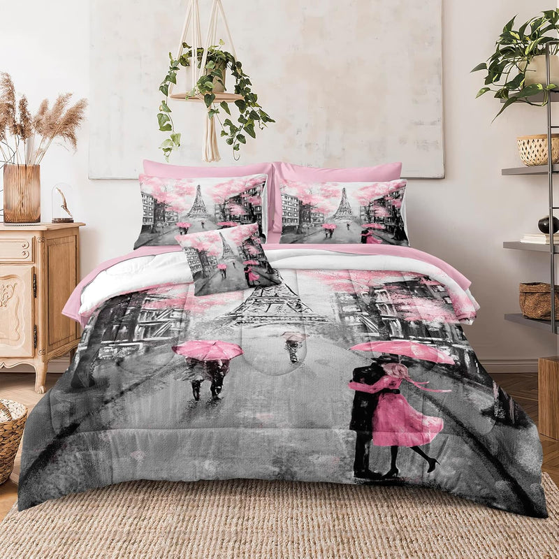 Pink Paris Comforter Set King Size 8 Pieces Bed In A Bag Sweet Couple Lovers P