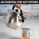 Stewart Whistling Stovetop Tea Kettle Food Grade Stainless Steel, Hot Water Fast to Boil, Cool Touch Folding, 1.5-Quart, Brushed with Black Handle