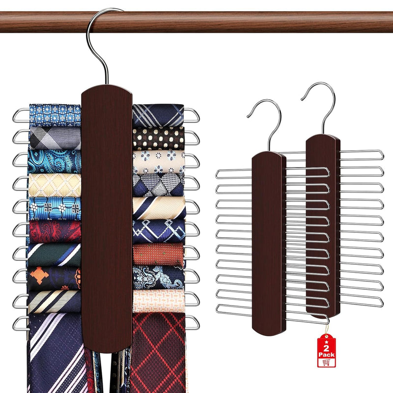 2 Pack Tie Rack For Closet, Premium Wooden Necktie Organizer Storage Tie/Belt Ha