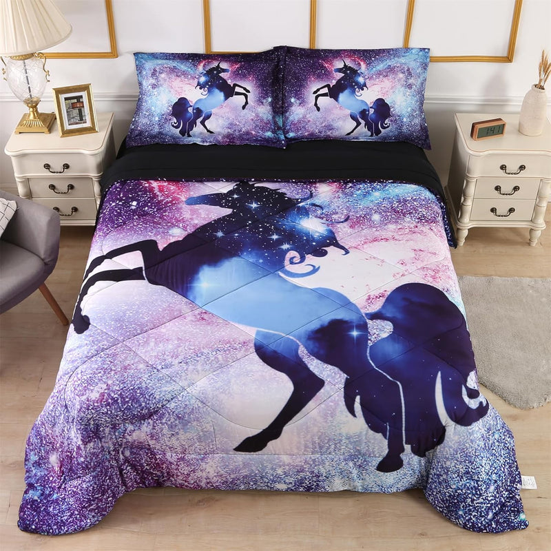 5-Piece Bedding Sets For Girls Queen, Premium Galaxy Unicorn Comforter Set Que