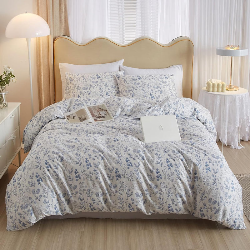 3 Pieces Duvet Cover Queen Size White Duvet Cover With Blue Floral Print,Soft