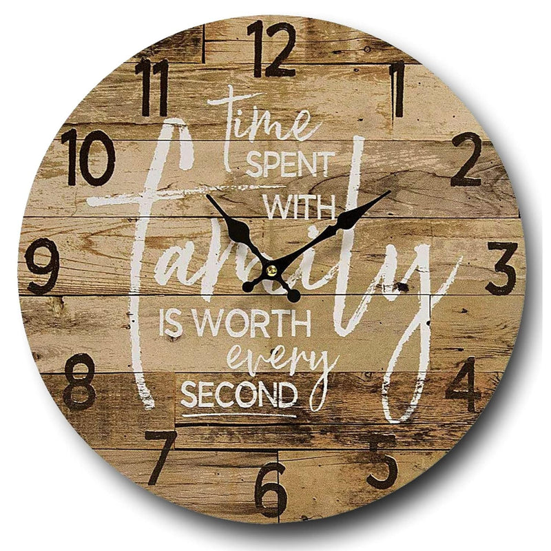 Round Farmhouse Wall Clock - 13 Inch – Decorative Wood Style Quartz Battery Op