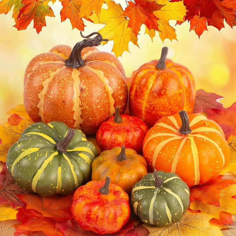 38 Pcs Assorted Artificial Pumpkin Set, 8Pcs Stacking Pumpkins With 30Pcs Mapl