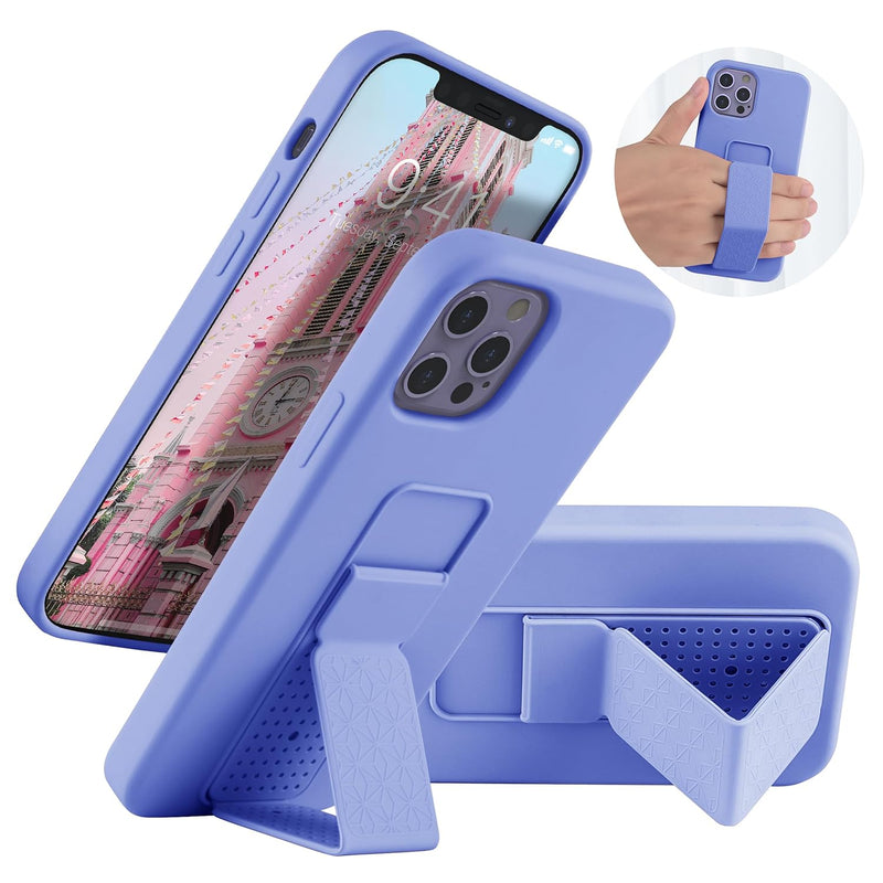 Laudtec Iphone 12 Pro Max Case With Kickstand, Vertical/Horizontal Stand Hand Strap Kickstand Liquid Silicone Full-Body Shockproof Protective Case For Iphone 12 Pro Max 6.7'' Purple