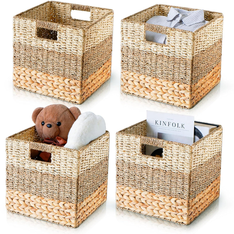 Wicker Storage Cubes, 12X12 Baskets For Cube Shelf, Set Of 4 Heavy Duty Hyacinth