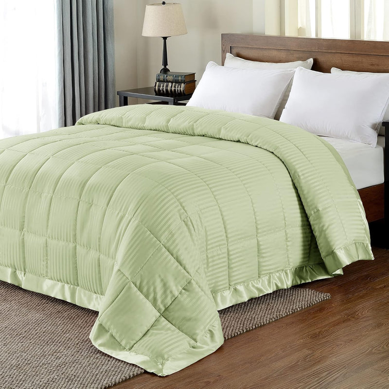 Lightweight Queen Down Alternative Blanket With Satin Trim, Sage Green, 90 X 9