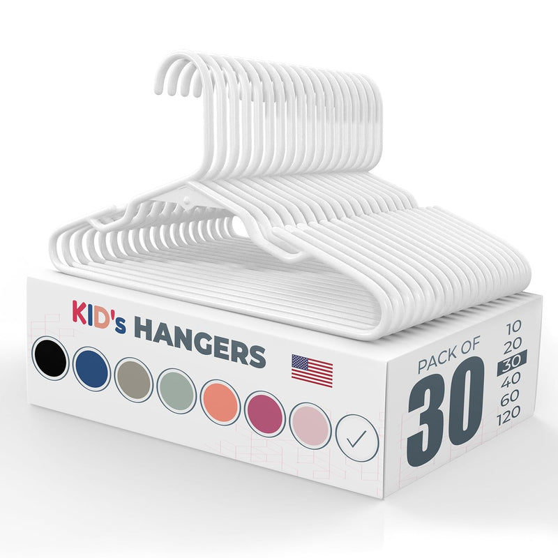 Plastic Hangers, 30-Pack, White, Slip Resistant, Lightweight, Ideal Size For Kid
