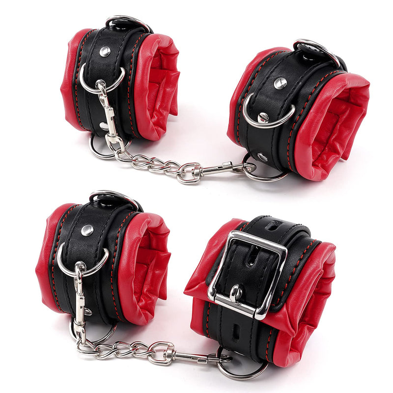Padded Leather Bondage Handcuffs And Ankle Cuffs Set, Leather Sex Toys Sm Wrist Cuffs For Bondage Restraints, Bondage Kit Sex Cuffs, Bondage Cuffs For Sex Games (Wrist & Ankle, Red/Black)