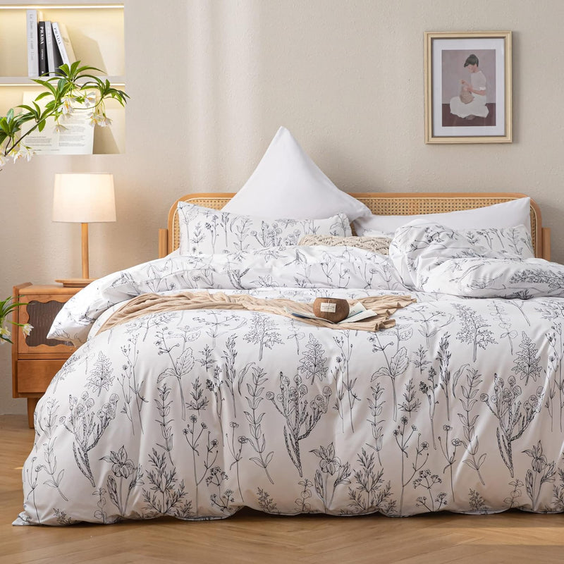 3Pcs White Comforter Set, Soft Microfiber Bedding Plant Flowers Printed Comfor