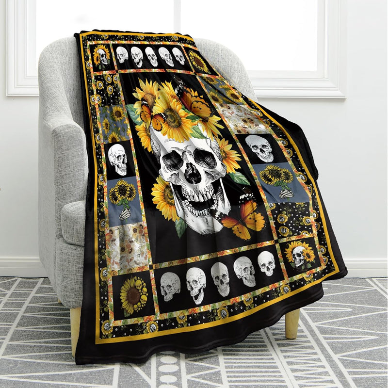 Sunflower Skull Floral Blanket Flower Gifts For Women Girls Boys Men Halloween