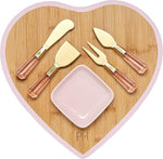 Charcuterie Board and Serving Set, Bamboo Serving Board, Ceramic Dish, Cheese Utensils with Titanium Coated Blades, 6-Piece Set, Pink