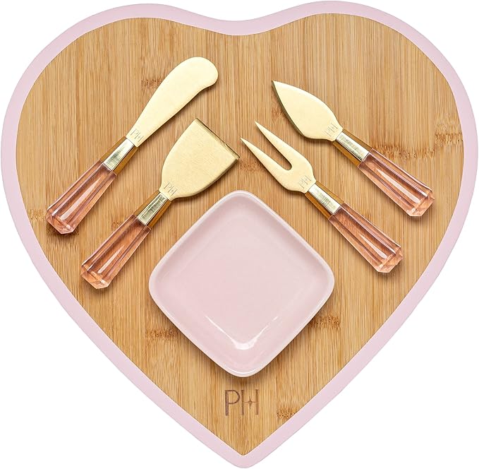 Charcuterie Board and Serving Set, Bamboo Serving Board, Ceramic Dish, Cheese Utensils with Titanium Coated Blades, 6-Piece Set, Pink