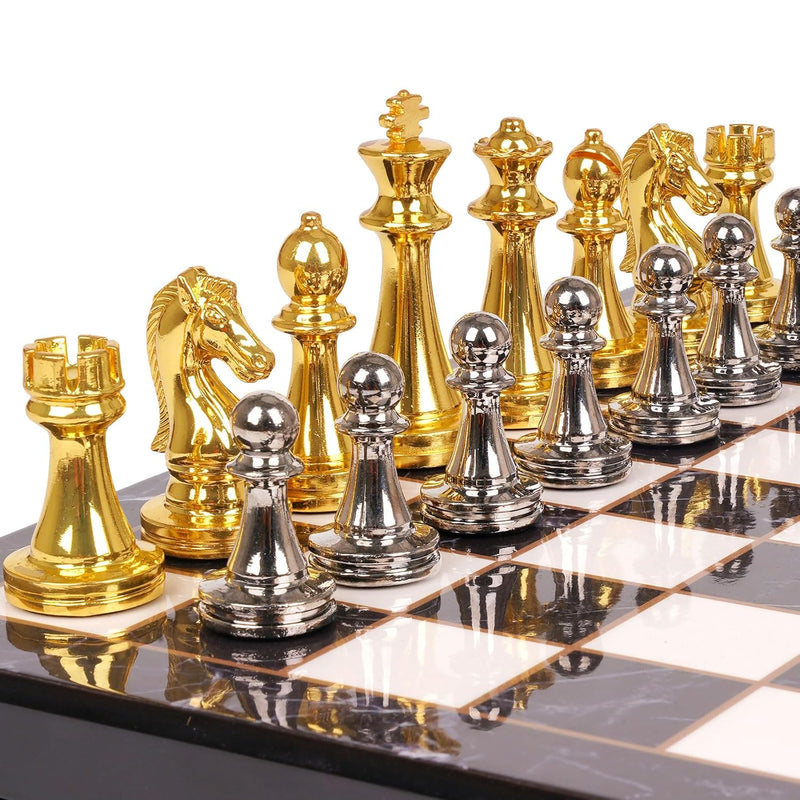 Metal Chess Set for Adults and Kids – Marbling Chess Board with Chess Piece