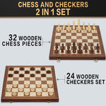 2 In 1 Magnetic Chess Set & Checkers Board Game, 15" Wooden Folding Chess Board