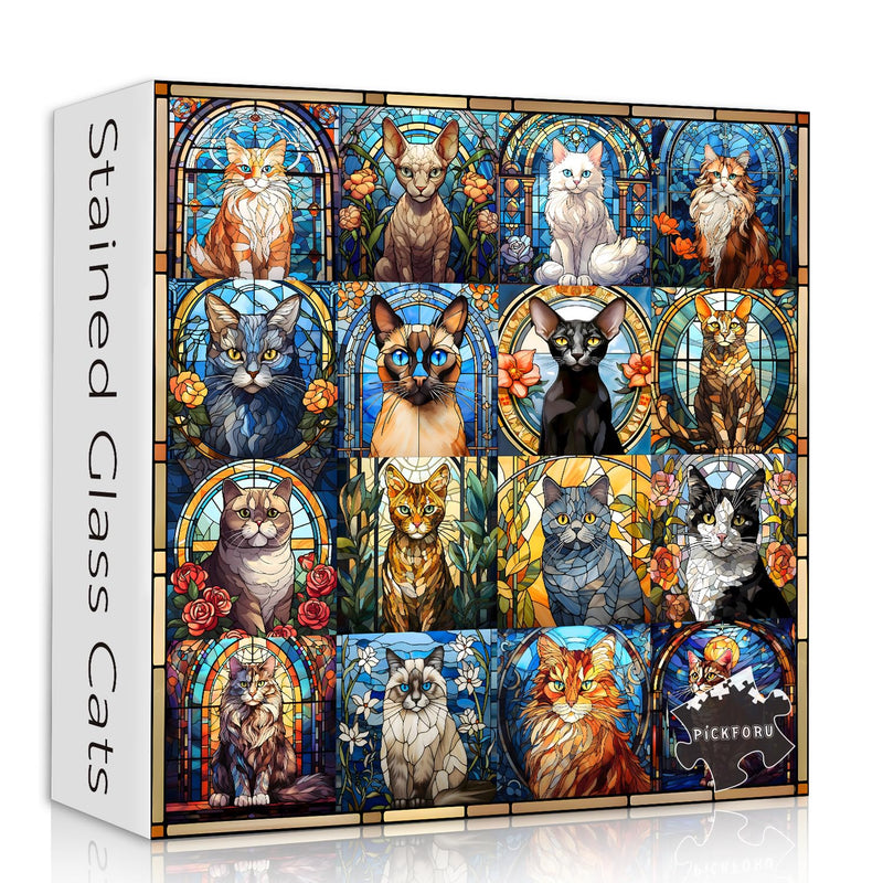 Stained Glass Puzzle Cat Puzzles For Adults 1000 Pieces, Colorful Kitty Kit