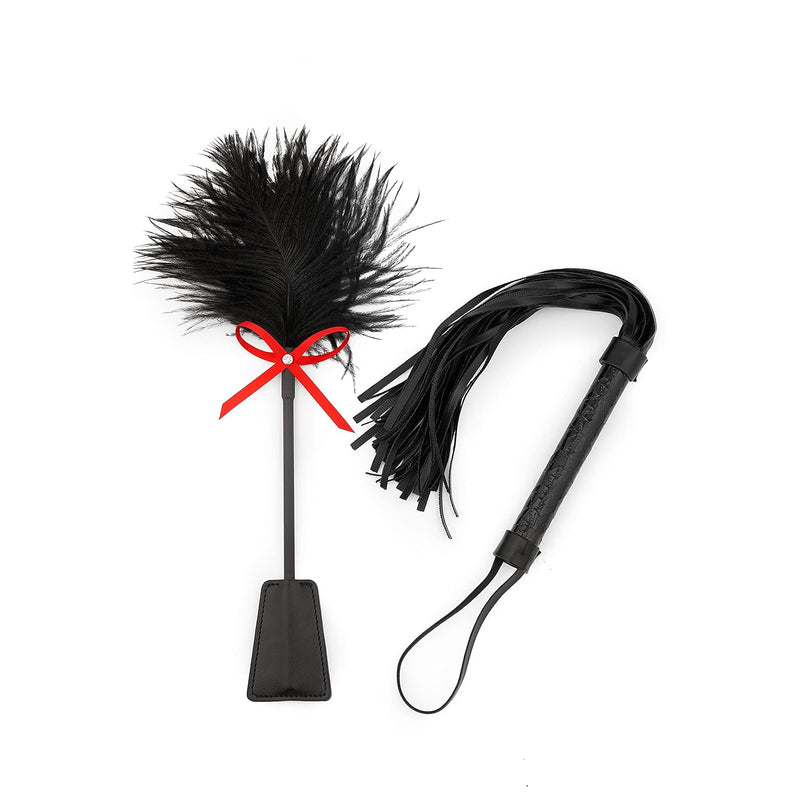 Black Faux Leather Whip 18" Feather Tickler 15" Set - Equestrian Horse Riding Whip - French Tickler - Whip Feather