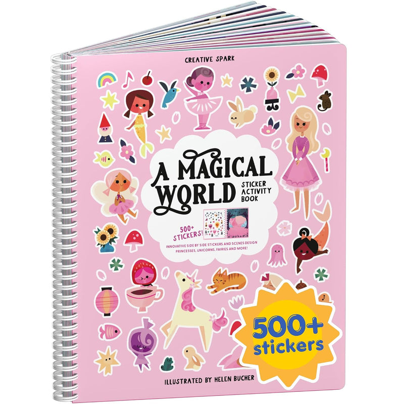 Magical World Sticker Book for Kids - 12 Fun Coloring and Activity Pages with 500+ Stickers Included