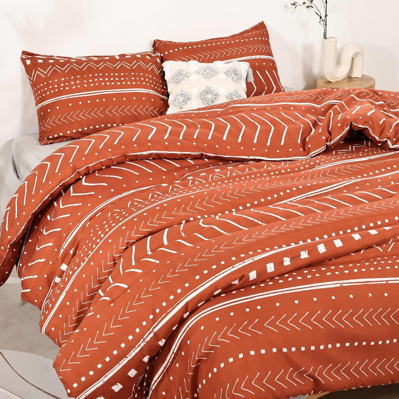 Aztec Terracotta Comforters Queen Size, Art Pattern Burnt Orange Boho Aztec Bo