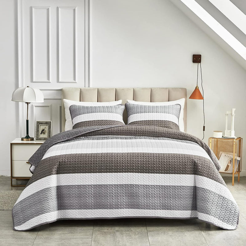 3 Pieces Quilt Set Full/Queen, Light Gray N Brown Stripes Design, Smooth Soft