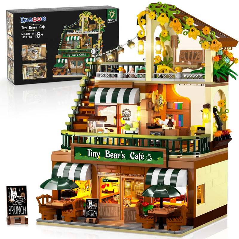City Coffee House Building Set With Light, 1173 Pcs Cafe Shop Building Bloc