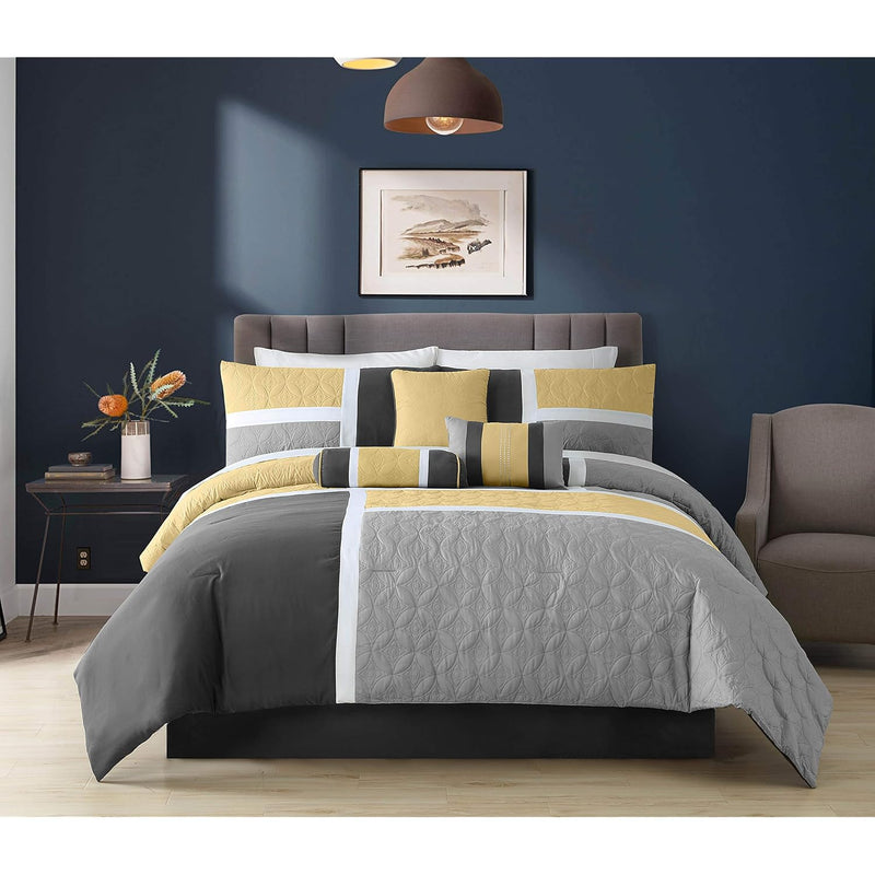 Upland 7-Piece Quilted Patchwork Comforter Set, Yellow/Charcoal/Gray, Californ