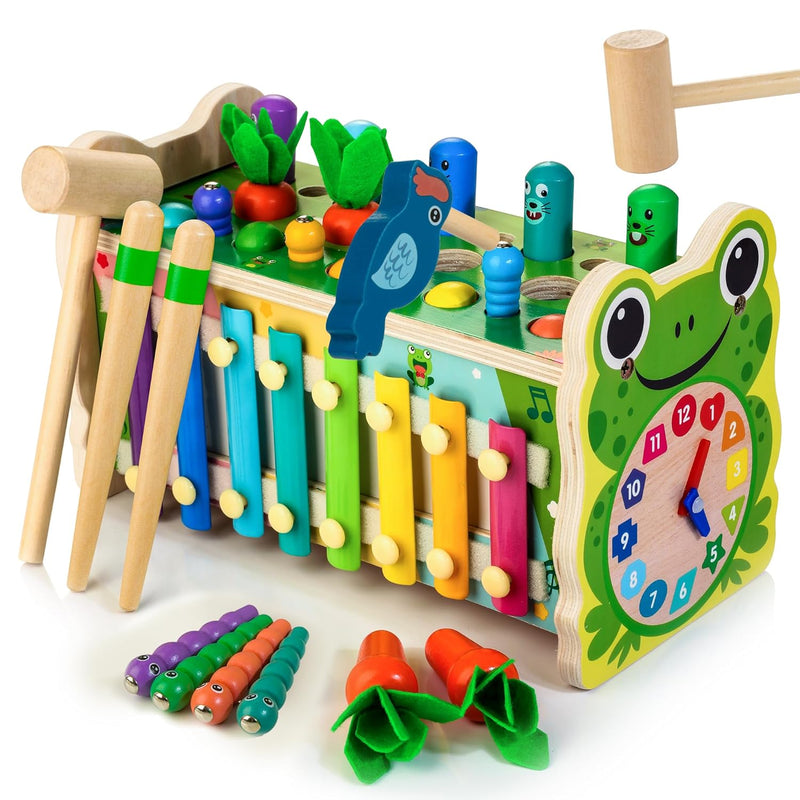 6 In 1 Wooden Montessori Toys For 1 Year Old, Whack A Mole Hammering Poundi