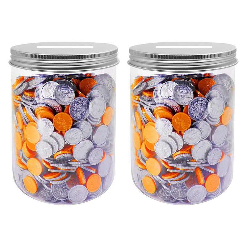 Large Coin Bank Jar 2 Pack, Big Clear Plastic Coin Money Tip Change Saving Pig