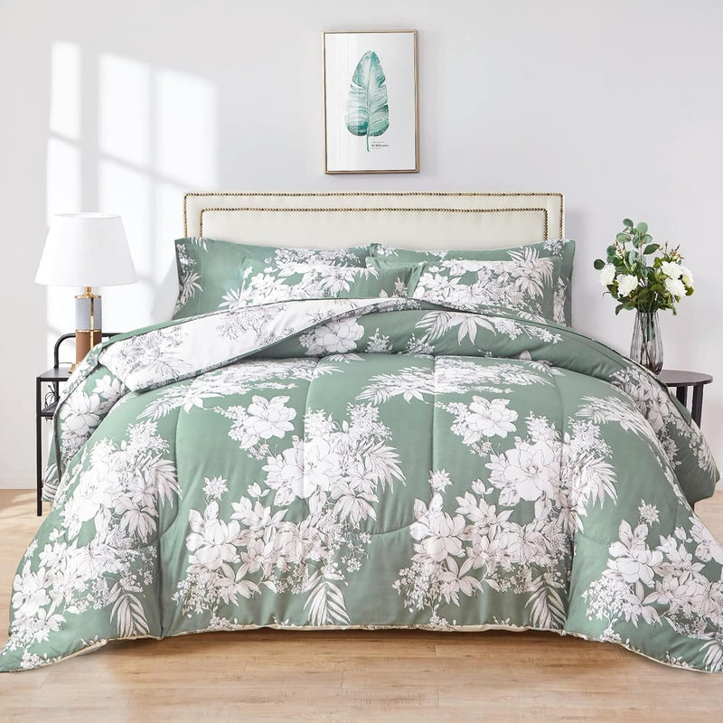 Floral Comforter Set Twin Size For Kids, Green And White Botanical Pattern Pri
