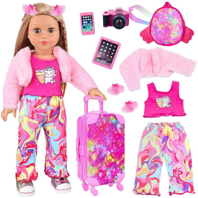 American 18 Inch Doll Clothes And Accessories Doll Suitcase Set, 10 Pcs Dol