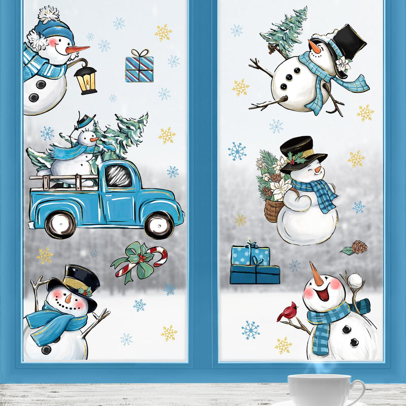 158 Pcs Winter Snowman Window Clings 9 Sheets, Blue Truck Christmas Pine Tree