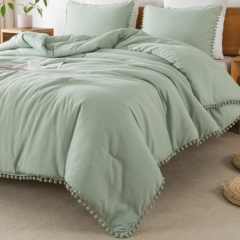 Sage Green Pom Pom Fringe Comforter Full(79X90 Inch), 3 Pieces(1 Boho Comforte