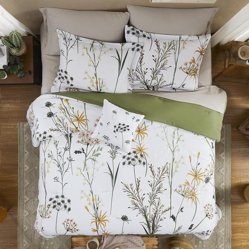 Twin Comforter Set 6 Pcs White & Green Dandelion Plant Comforter Set With Colo