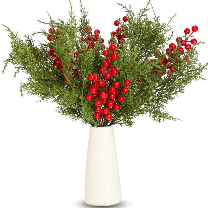 16 Pcs Christmas Red Berry And Cedar Picks Stems For Vase Spray Branches Green