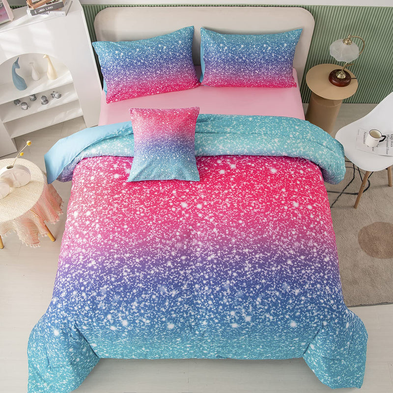 Girls Comforter Set Queen Size, 6 Piece Bed In A Bag, Colorful Rainbow Bedding