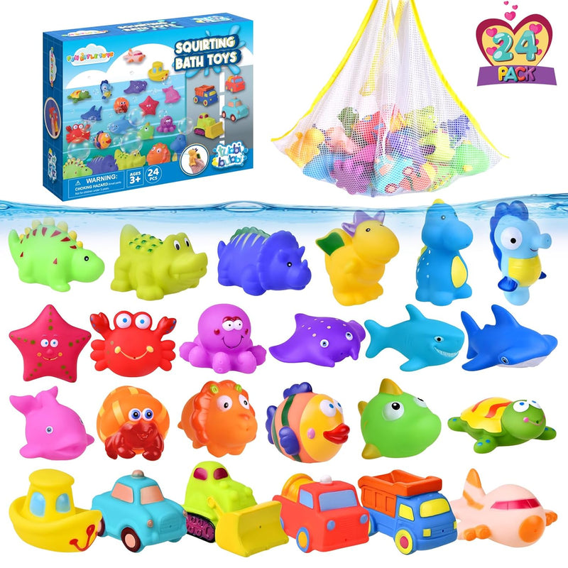 FUN LITTLE TOYS 24 Pcs Bath Toys for Toddlers, Sea Animals & Cars Squirter