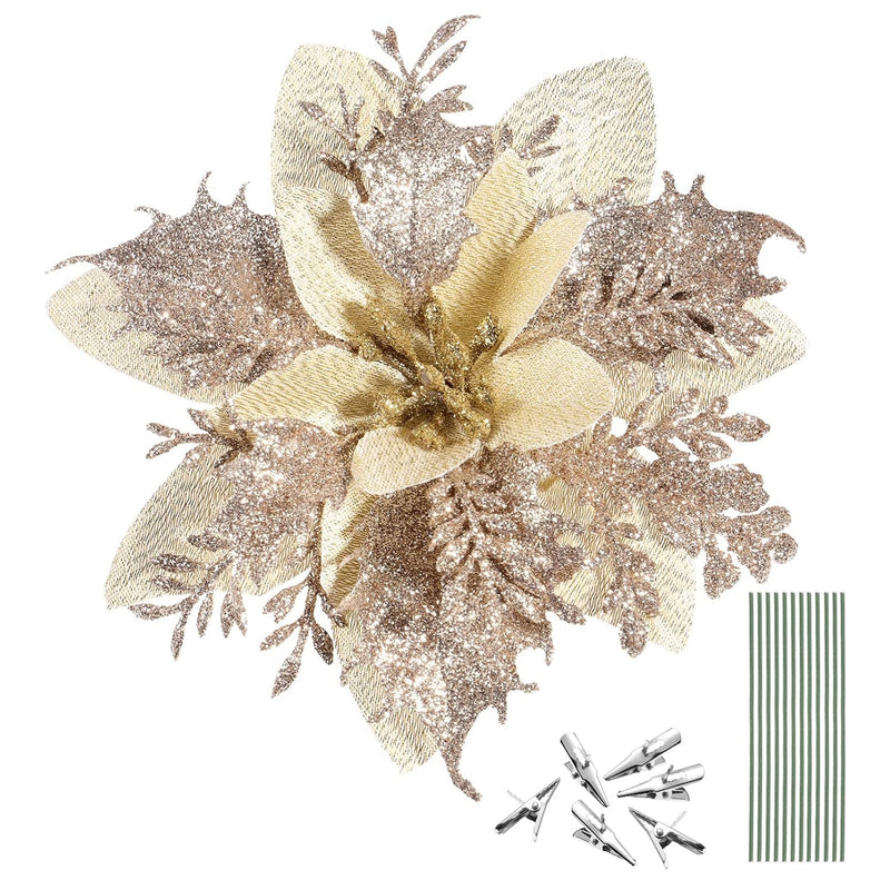 12Pcs Christmas Glitter Poinsettia Flowers, Christmas Tree Flower Decorations