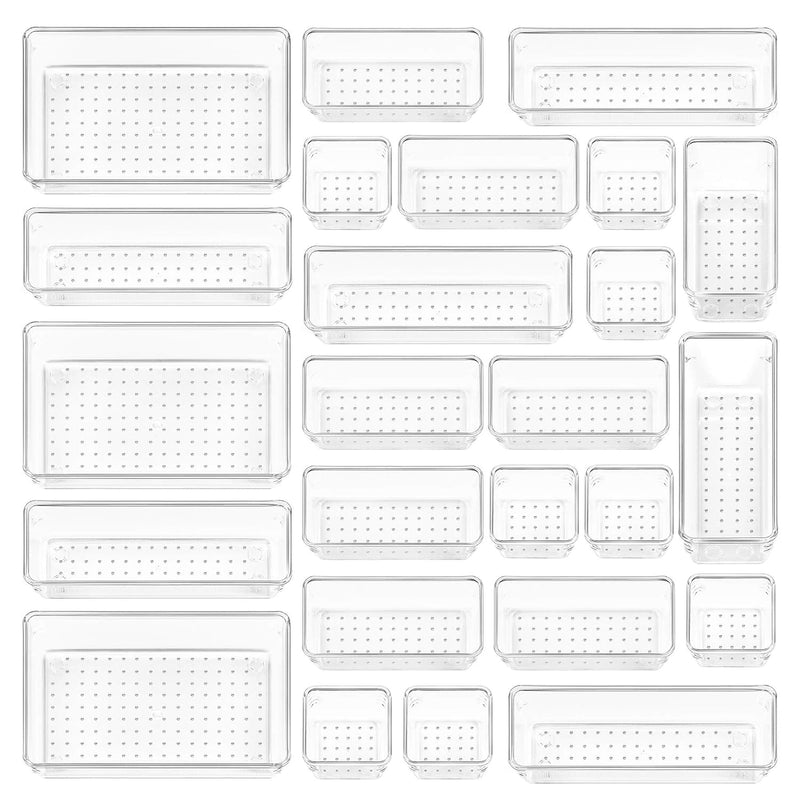 25 Pcs Clear Plastic Drawer Organizers Set, 4-Size Versatile Bathroom And Vanity
