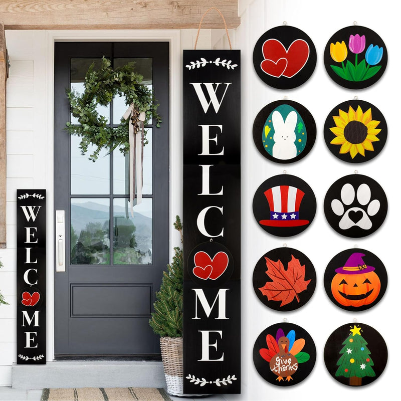 Welcome Sign For Front Porch Standing, Interchangeable Wooden Sign With 5 Desi