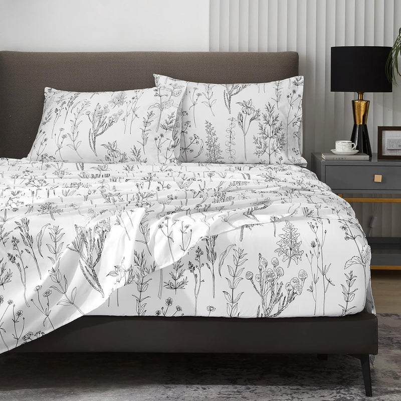 Floral Sheets Queen Size,18 Inches Deep Pocket Sheets, 1800 Thread Count Black
