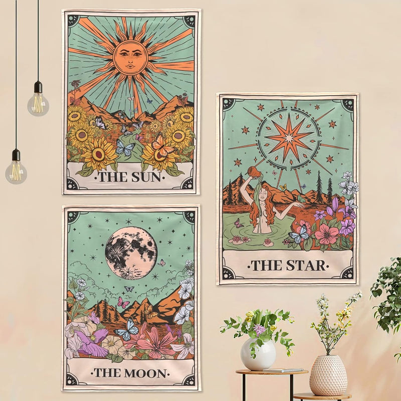 Tarot Tapestry 3 Pack Sun Moon Star Flower Green Tarot Card Tapestries Floral