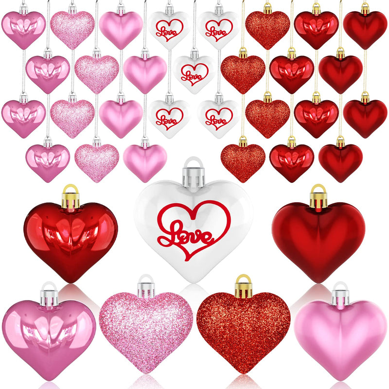 Valentine'S Day Decor Heart Ornaments 36 Pcs Heart Shaped Baubles Red Pink Whi