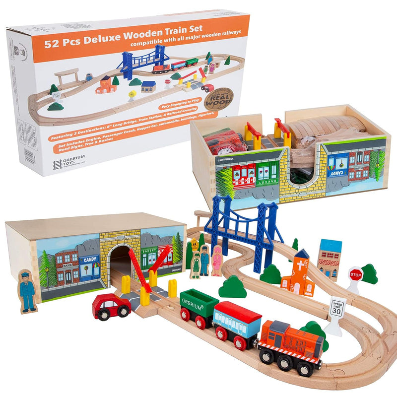 52 Pcs Deluxe Wooden Train Set With Wooden Storage Box Tunnel Compatible Wi