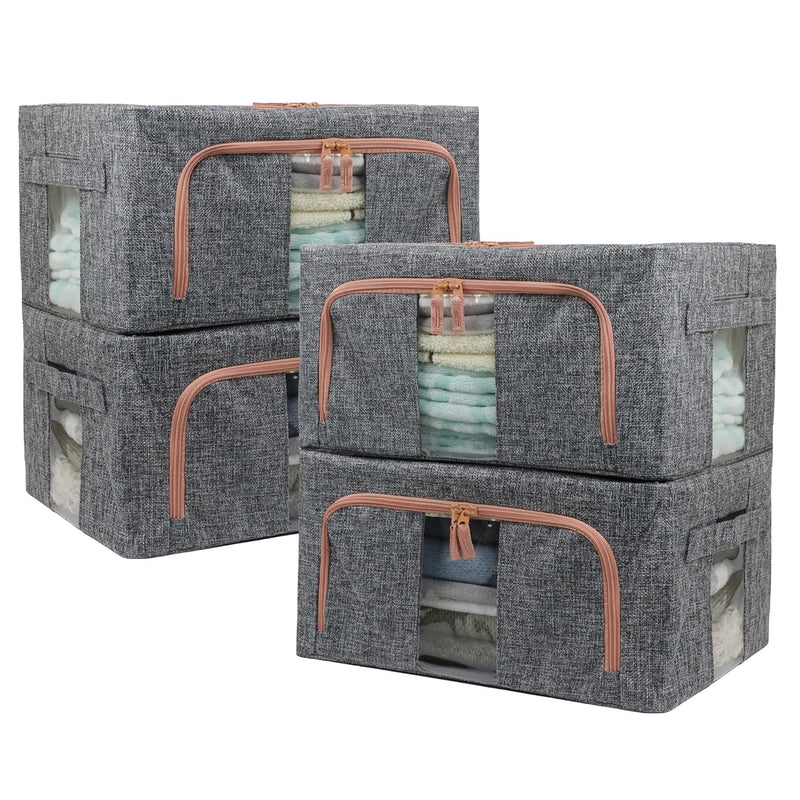 4 Pack Linen Clothes Storage Bins, Sturdy Closet Organizers And Storage Bins Wit
