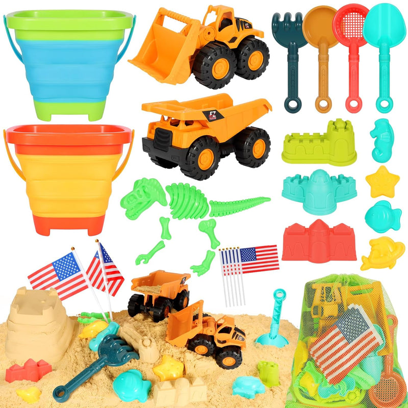 Beach Sand Toys For Kids, 29Pcs Sandbox Toys With 2 Collapsible Bucket Sand
