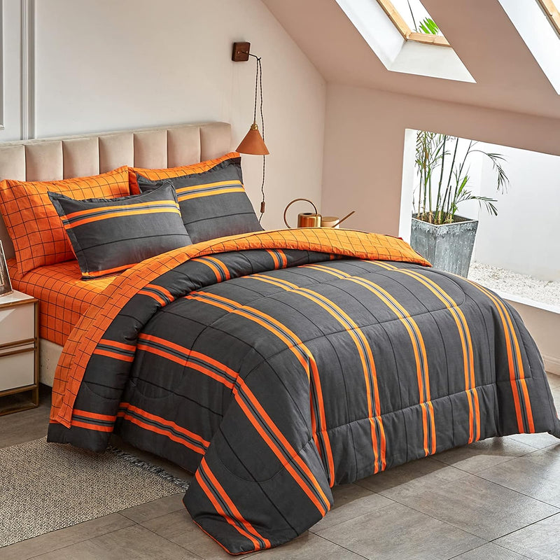 Boho Striped Halloween Bed In A Bag 7 Pieces Queen Size, Ombre Bright Orange S