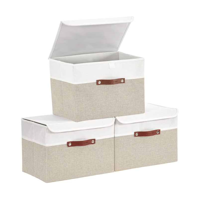 Storage Box With Lid [3-Pack] Fabric Storage Bins, Large Storage Box With Dual H