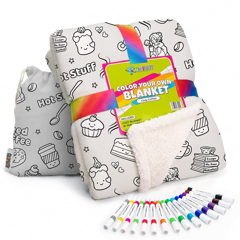 Adult Sherpa Throw Blanket with 15 Permanent Fabric Markers for Coloring