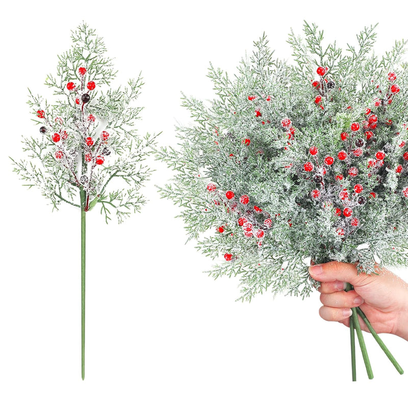 12 Pcs Christmas Berries Red Stems 17 Inch Snowy Artificial Frosted Holly Red